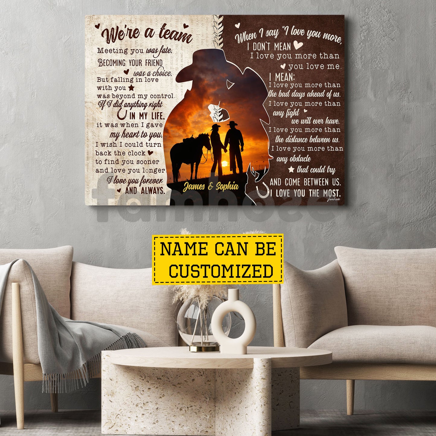 Personalized Cowboy Cowgirl Couple Canvas Painting, We're A Team Wall Art Decor, Valentine Poster Gift For Western Couple
