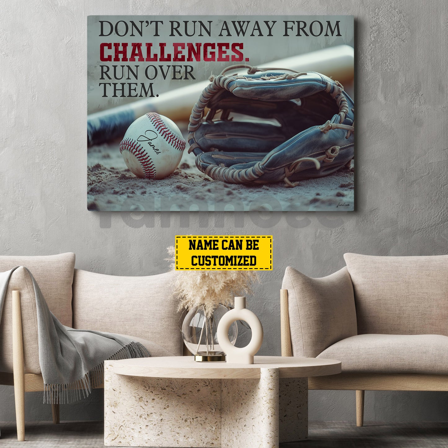 Motivational Personalized Baseball Canvas Painting, Don't Run Away From Challenges Sport Wall Art Decor, Poster Gift For Baseball Lovers