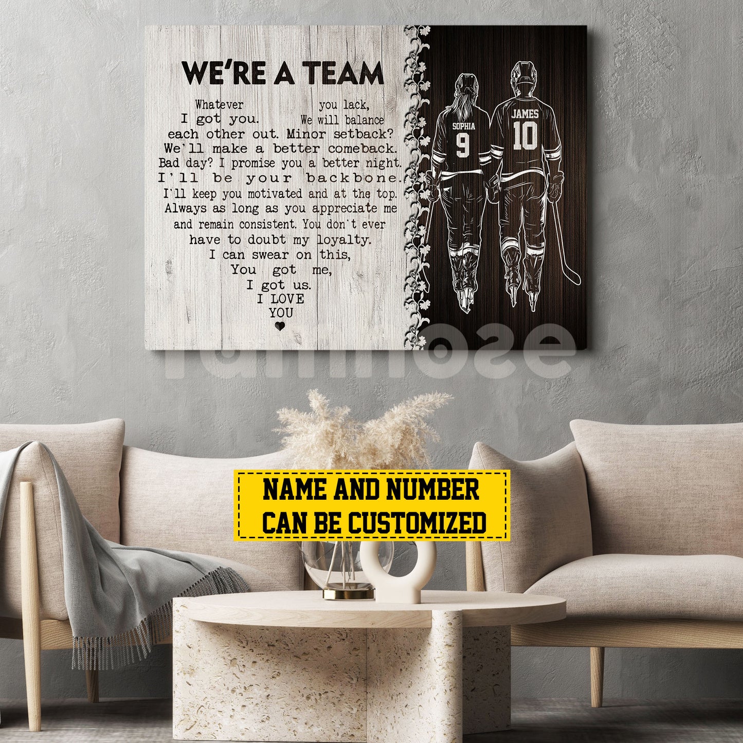 Romantic Personalized Hockey Couple Canvas Painting, We're A Team Sports Quotes Wall Art Decor, Poster Valentine's Day Gift For Hockey-Loving Couple