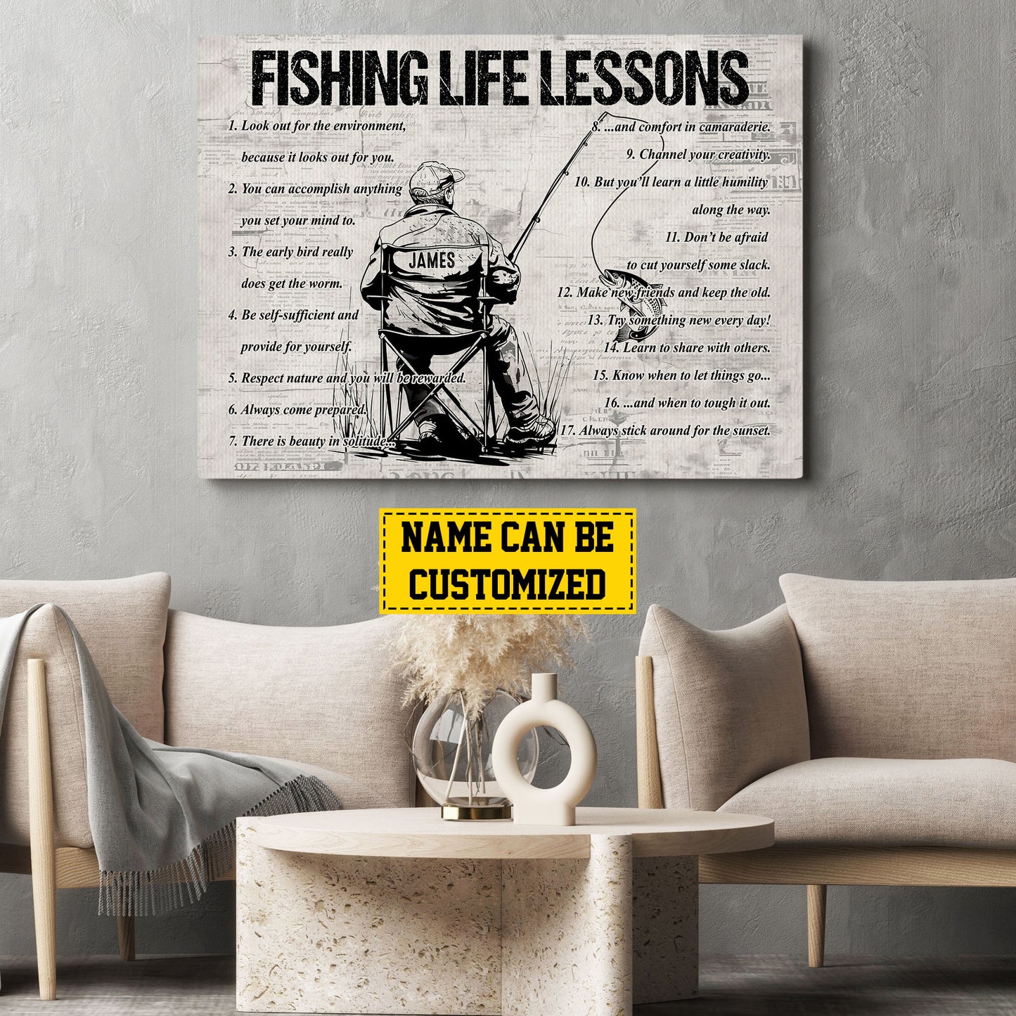 Fishing Life Lessons, Personalized Motivational Old Man Fishing Canvas Painting, Fishing Quotes Wall Art Decor, Poster Gift For Fishing Lovers, Fishing Man