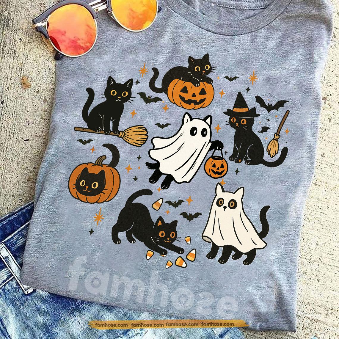 Halloween Cat T-shirt, Cute Cats Cosplay Ghost Tees Spooky Seasons Gift For Cat Lovers