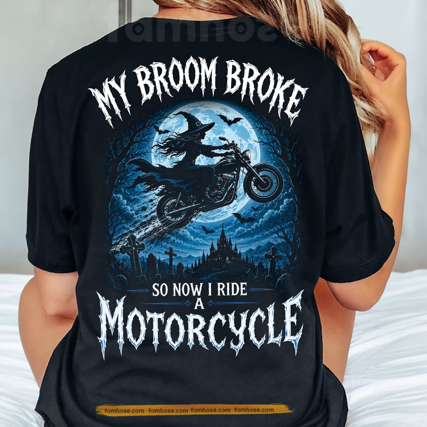Funny Halloween Motorcycle Backside T-shirt, My Broom Broke Tees Spooky Season Gift For Bikers
