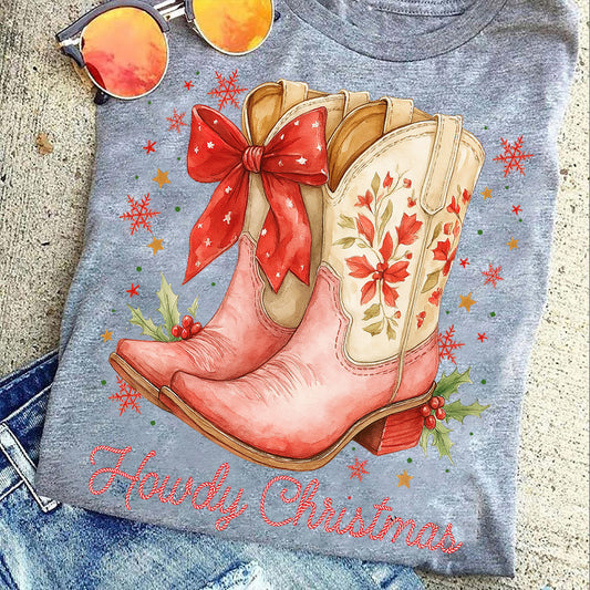 Christmas Cowboy & Cowgirl Boots T-shirt, Howdy Christmas Tees Xmas Gift For Cowboy & Cowgirl