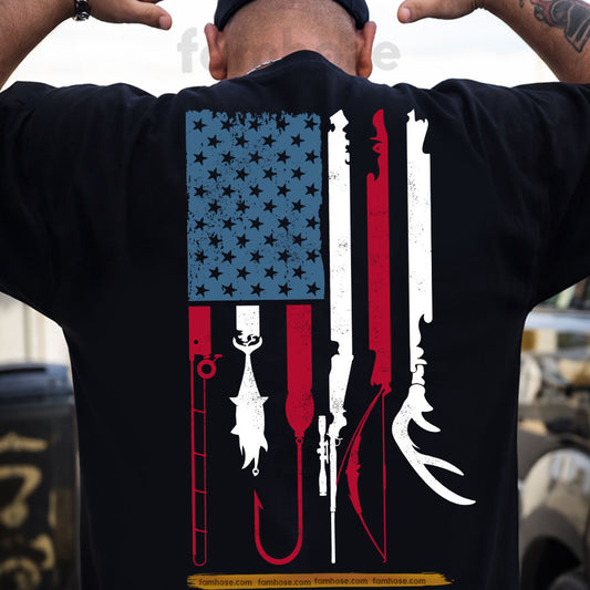 July 4th Hunting & Fishing USA Flag Backside T-shirt, Land Water Freedom Hunting Fishing Tees Independence Day Gift For Hunting & Fishing Lover