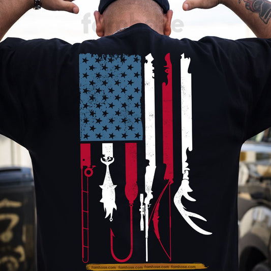 July 4th Hunting & Fishing USA Flag Backside T-shirt, Land Water Freedom Hunting Fishing Tees Independence Day Gift For Hunting & Fishing Lover