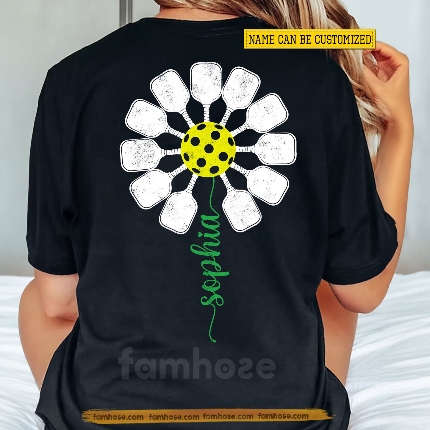 Personalized Pickleball Backside T-shirt, She Blooms On The Pickleball Court Sport Tees Gift For Pickleball Lover