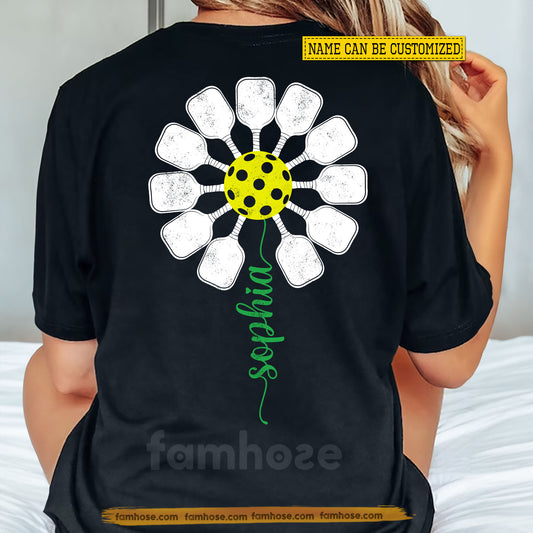 Personalized Pickleball Backside T-shirt, She Blooms On The Pickleball Court Sport Tees Gift For Pickleball Lover