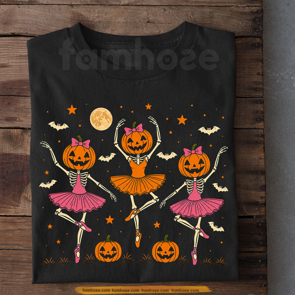 Halloween Ballet Skeleton T-Shirt, Pumpkin Head Ballerina Tees Spooky Season Gift For Ballet Lover