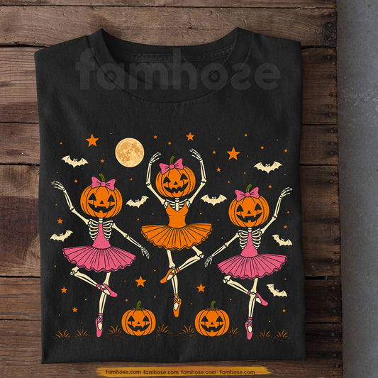 Halloween Ballet Skeleton T-Shirt, Pumpkin Head Ballerina Tees Spooky Season Gift For Ballet Lover