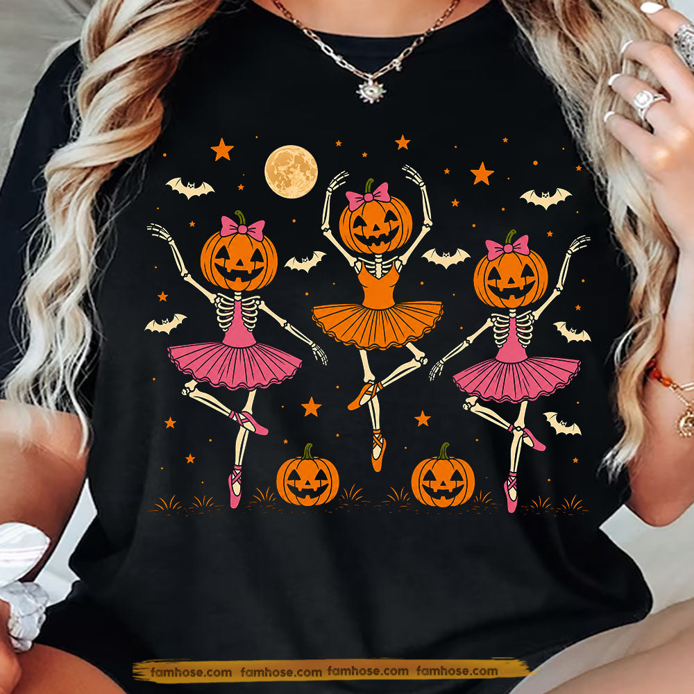 Halloween Ballet Skeleton T-Shirt, Pumpkin Head Ballerina Tees Spooky Season Gift For Ballet Lover