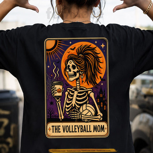 Funny Halloween Skeleton Volleyball Backside T-shirt, The Volleyball Mom Tees Spooky Season Gift For Volleyball Lover