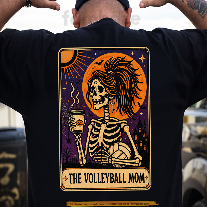 Funny Halloween Skeleton Volleyball Backside T-shirt, The Volleyball Mom Tees Spooky Season Gift For Volleyball Lover
