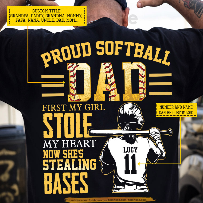 Personalized Softball Dad Girl Backside T-shirt, Proud Softball Dad Sport Tees Father's Day Gift For Softball Lovers