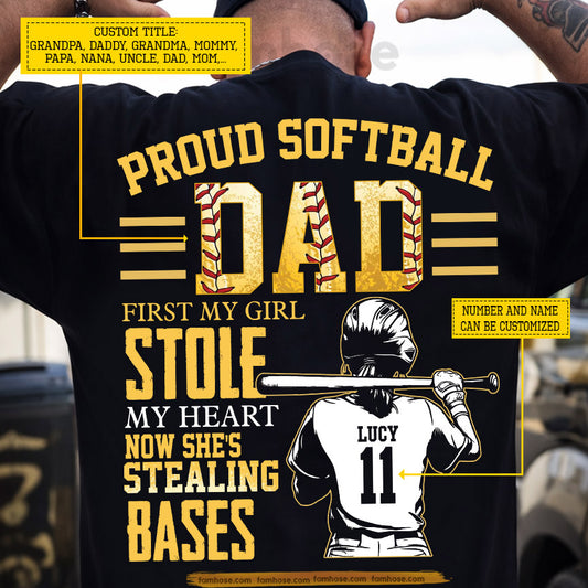 Personalized Softball Dad Girl Backside T-shirt, Proud Softball Dad Sport Tees Father's Day Gift For Softball Lovers