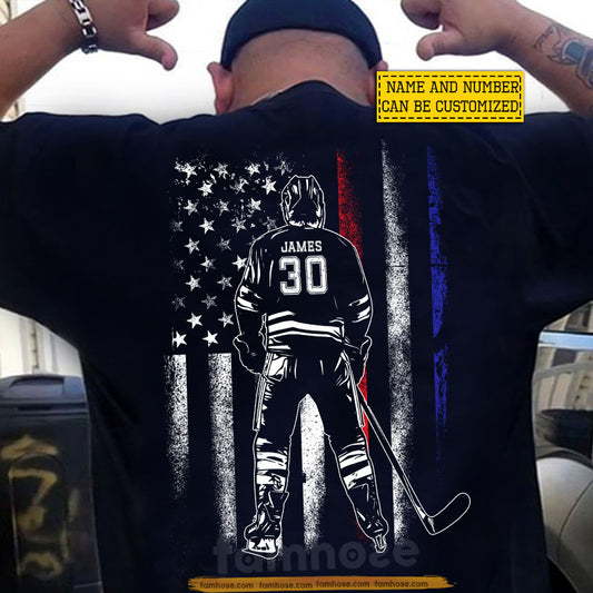 Personalized Hockey Boy July 4th Backside T-shirt, Stars, Stripes & Hockey Pride Sport Tees Gift For Hockey Lovers