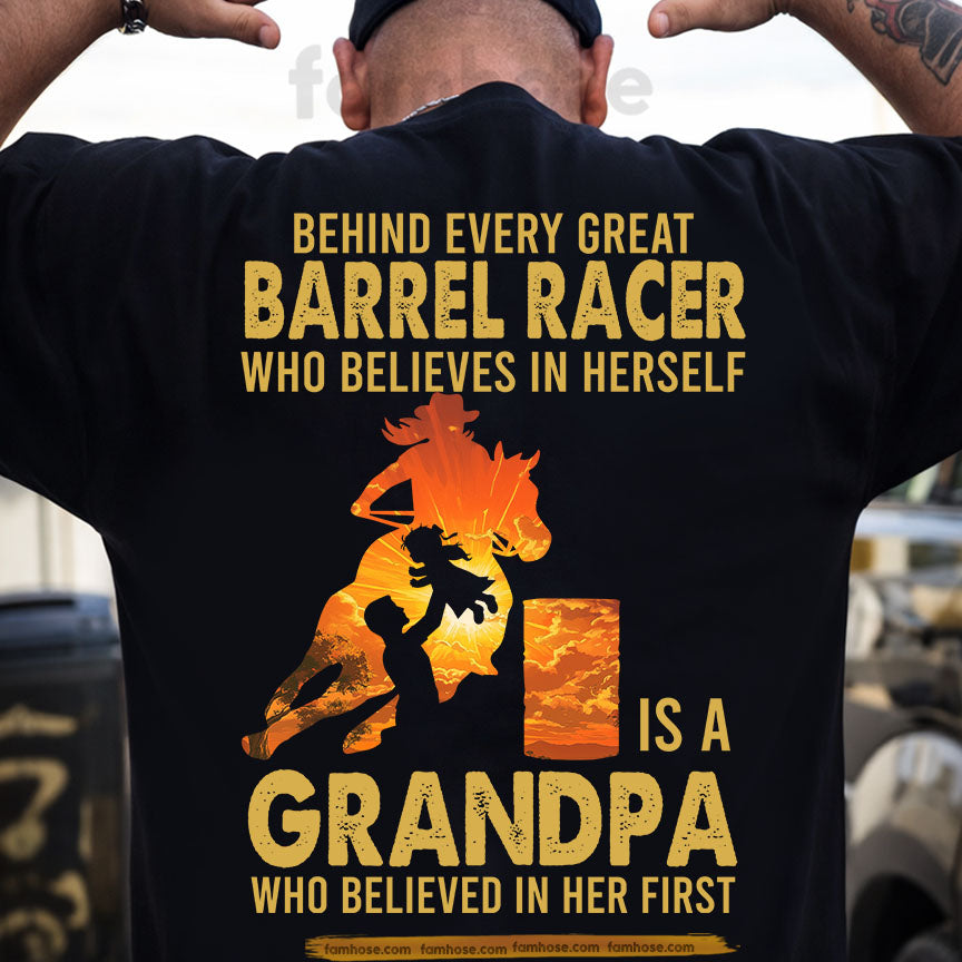 Barrel Racing Grandpa Granddaughter Backside T-shirt, Behind Every Great Barrel Racer Rodeo Tees Gift For Barrel Racing Lovers