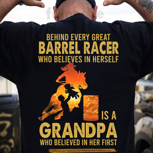 Barrel Racing Grandpa Granddaughter Backside T-shirt, Behind Every Great Barrel Racer Rodeo Tees Gift For Barrel Racing Lovers