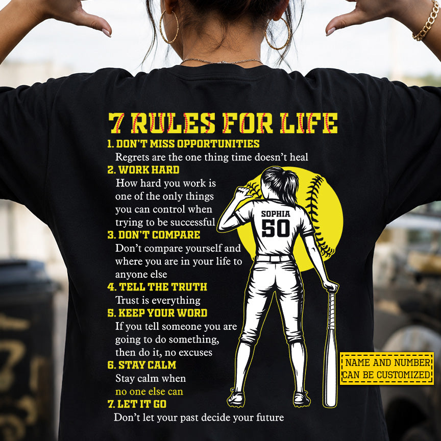 Personalized Softball Backside T-shirt, 7 Rules For Life Sport Tees Gift For Softball Lover