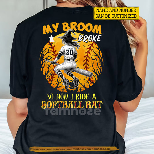 Personalized Halloween Softball Witch Backside T-shirt, I Ride A Softball Bat Tees Spooky Season Gift For Softball Lovers