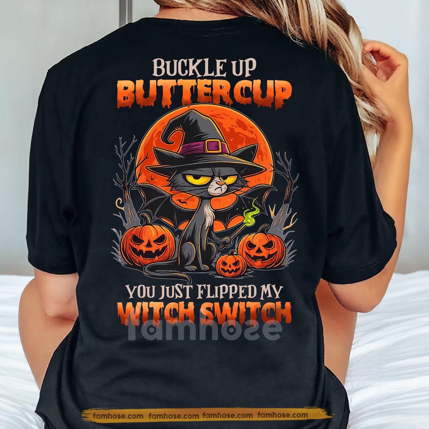 Funny Halloween Cat Backside T-shirt, Buckle Up Buttercup, Spooky Season Gift For Cat Lovers