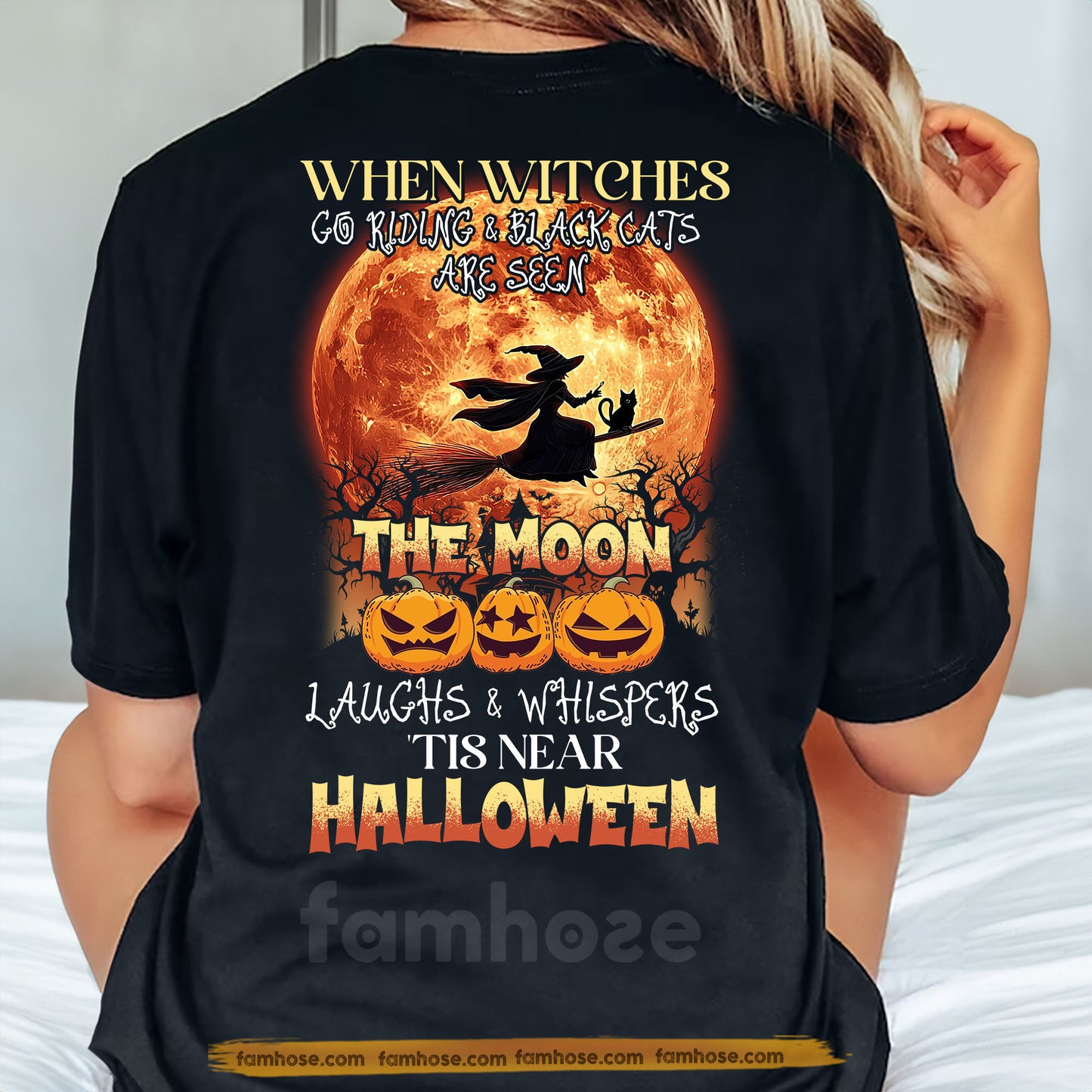 Halloween Witch & Black Cat Backside T-shirt, When Witches Go Riding Tees Spooky Season Gift For Witch Lovers