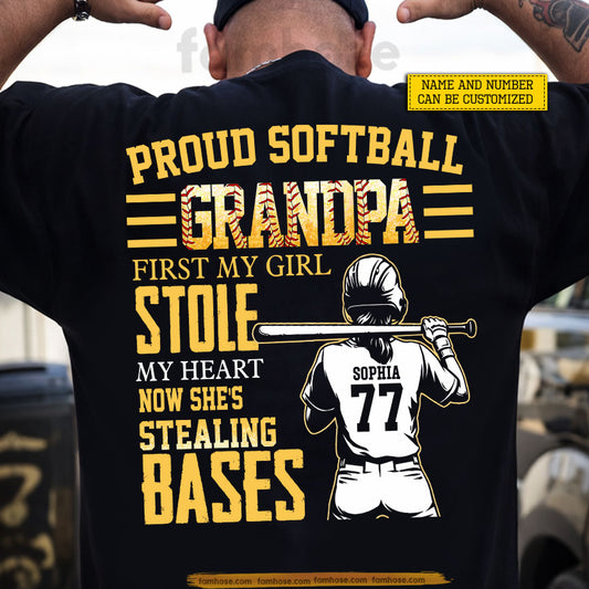 Personalized Softball Grandpa Backside T-shirt, Proud Softball Grandpa Sport Tees Father's Day Gift For Softball Lovers