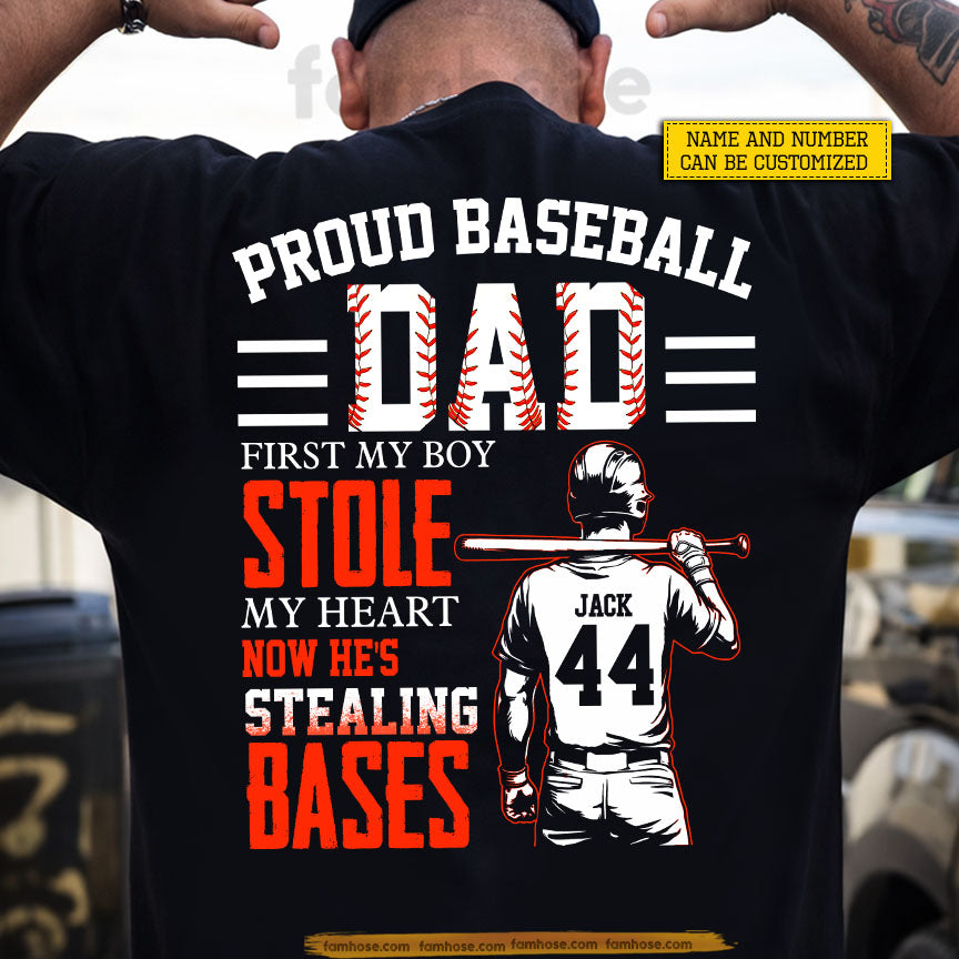 Personalized Baseball Dad Backside T-shirt, Proud Baseball Dad Sport Tees Father's Day Gift For Baseball Lover