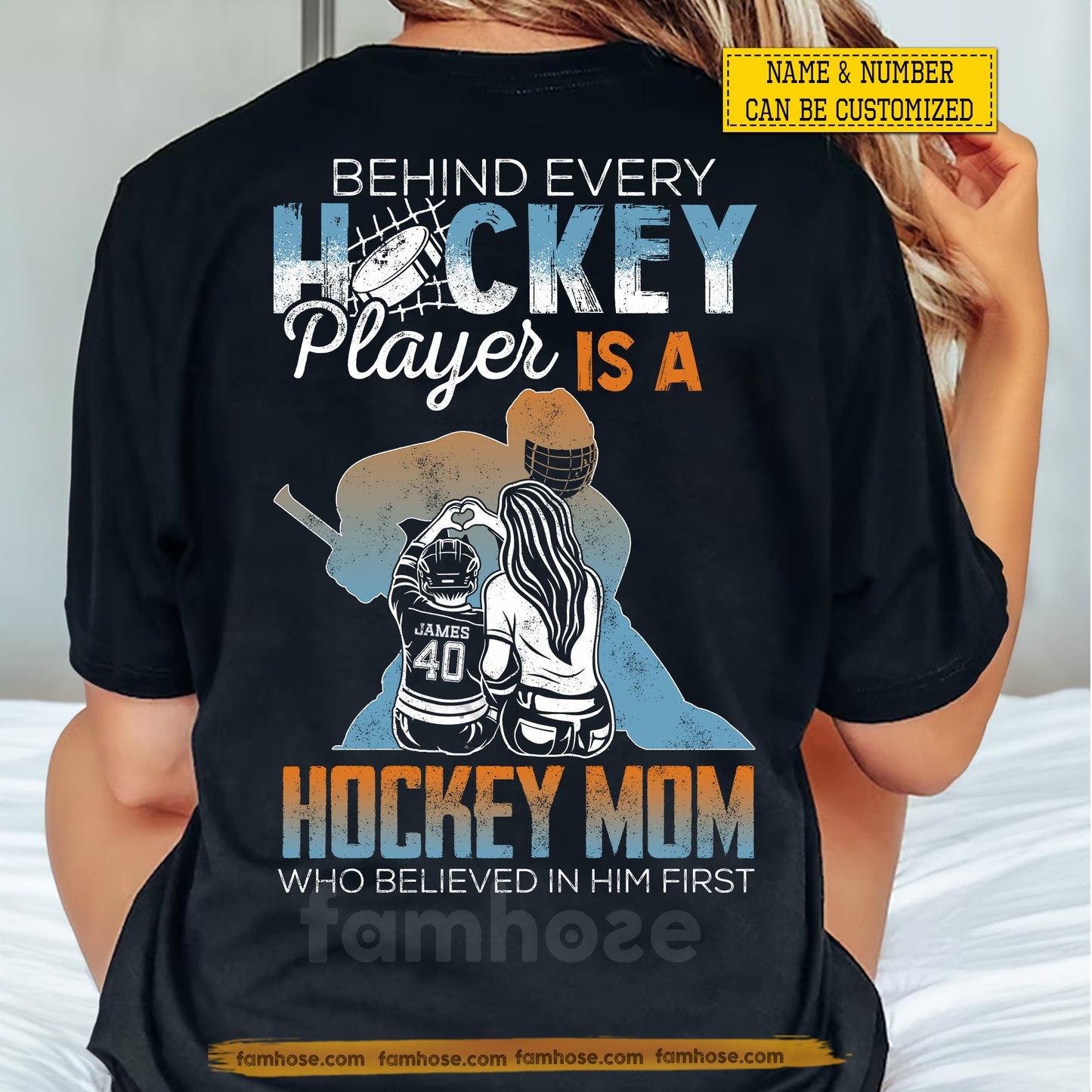 Personalized Hockey Mom Backside T-shirt, Behind Every Hockey Player Sport Tees Mother's Day Gift For Hockey Lover