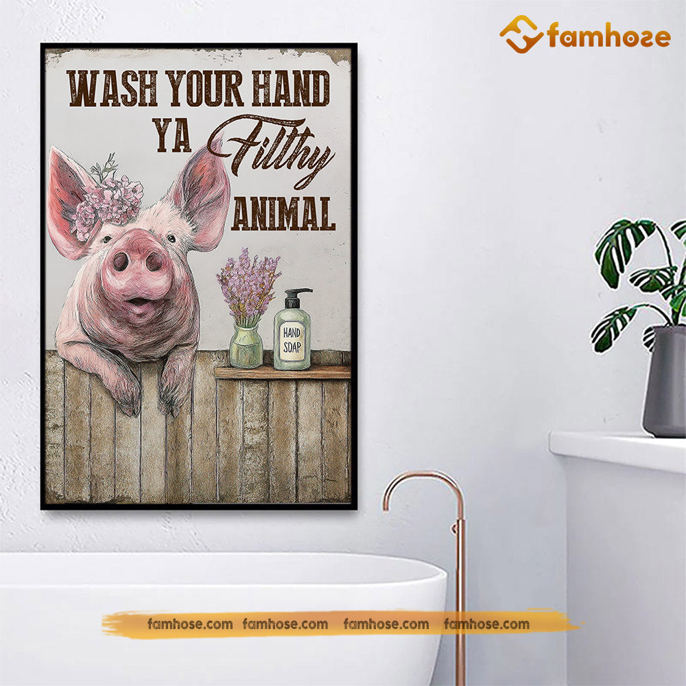 Funny Toilet Pig Canvas Painting, Wash Your Hand Ya Filthy Animal Bathroom Wall Art Decor, Xmas Restroom Poster Gift For Pig Lover