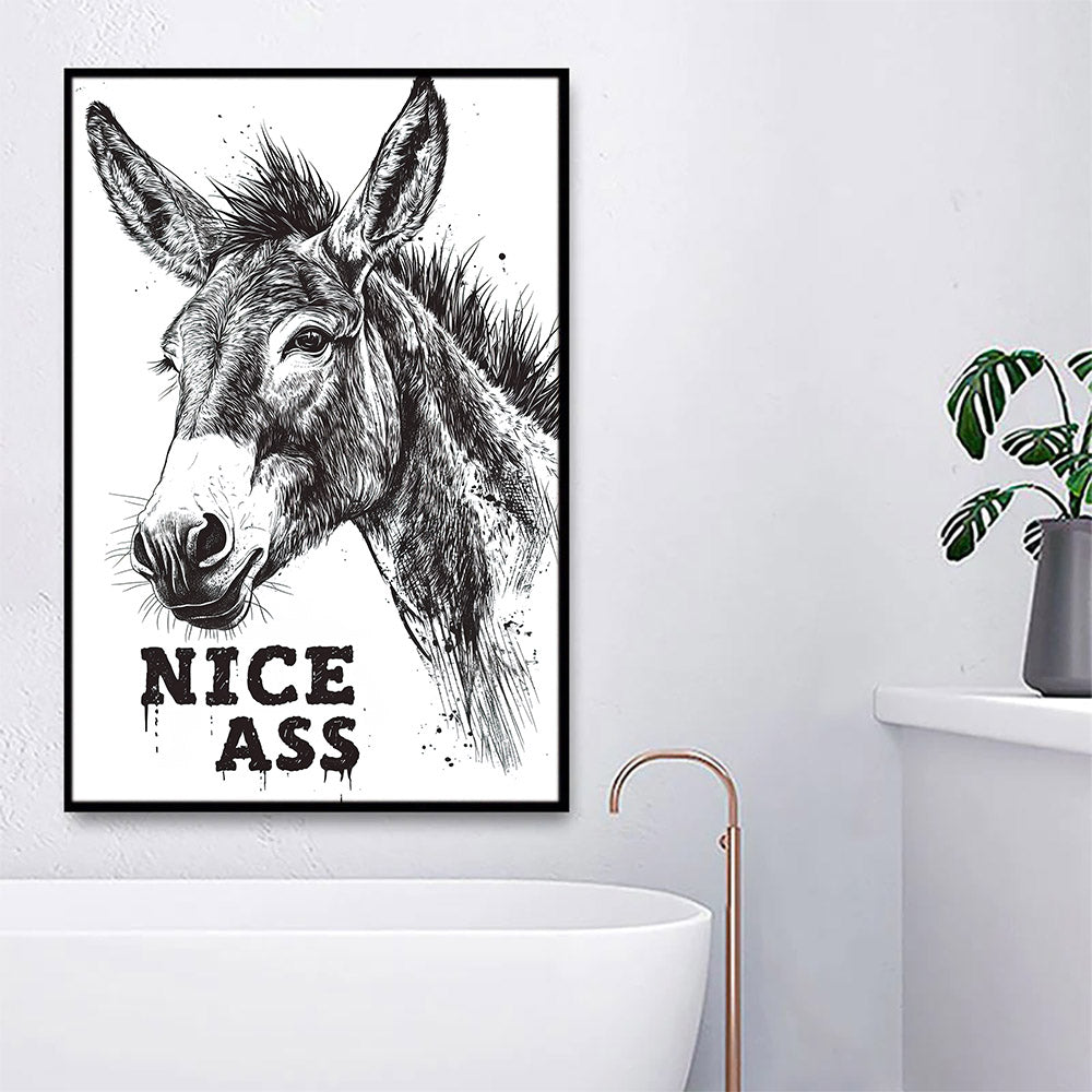Funny Donkey Wall Art – Framed Black & White Canvas, 12x16 Inches, Perfect For Bathroom, Toilet & Farmhouse Decor