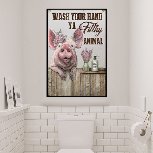 Funny Toilet Pig Canvas Painting, Wash Your Hand Ya Filthy Animal Bathroom Wall Art Decor, Xmas Restroom Poster Gift For Pig Lover
