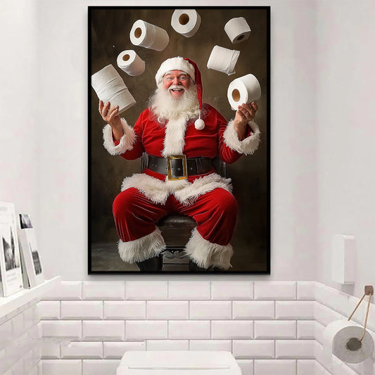 Funny Christmas Toilet Canvas Painting, Santa Claus In Toilet Wall Art Decor, Xmas Poster Gift