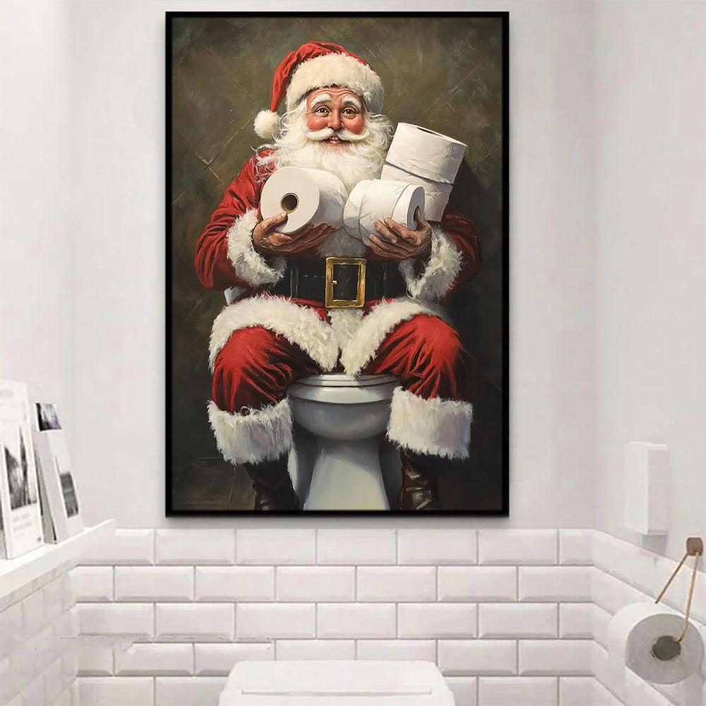 Funny Christmas Canvas Painting, Santa Claus In His Toilet Wall Art Decor, Xmas Poster Gift