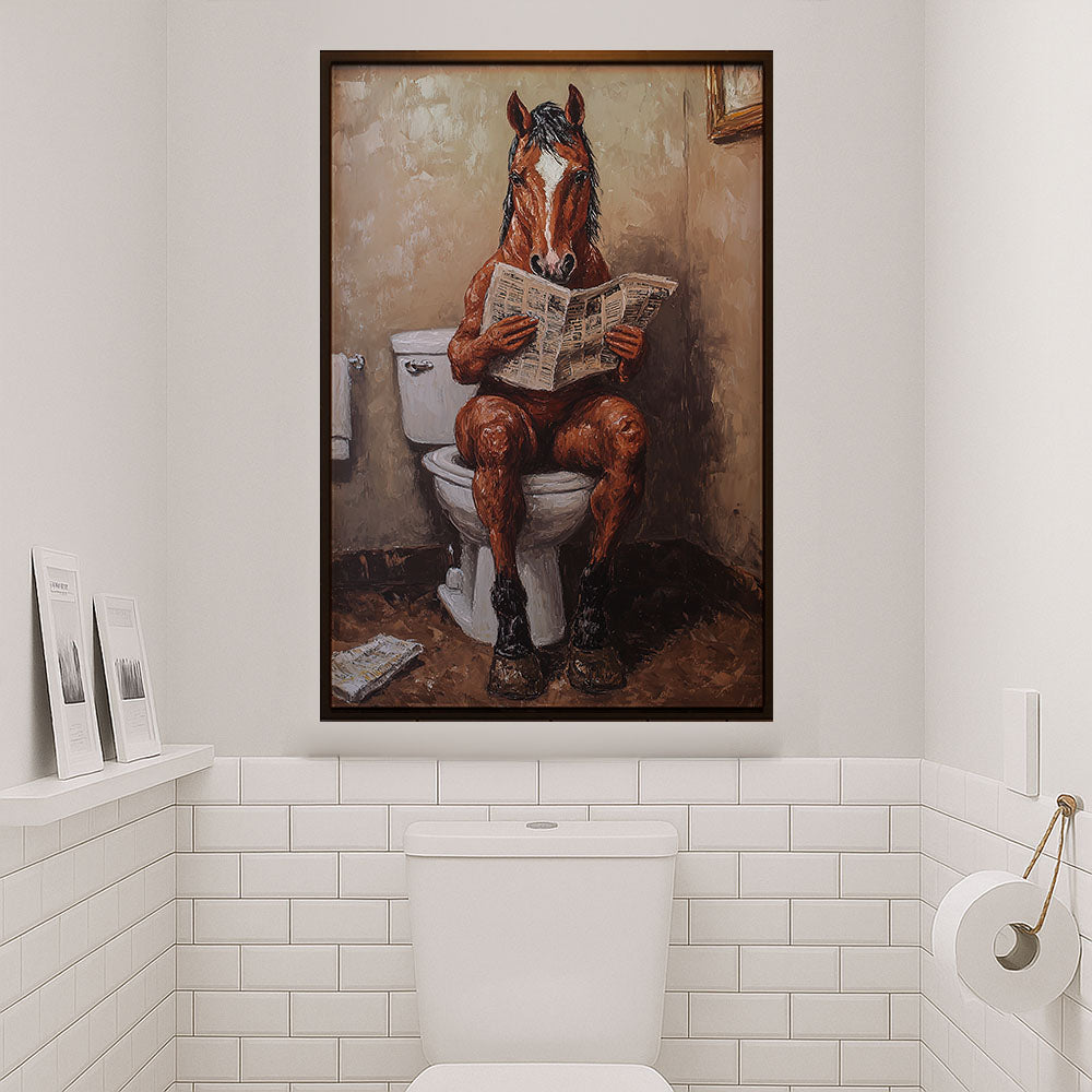 Funny Horse Toilet Canvas Painting, Horse Knows How To Use Toilet Bathroom Wall Art Decor, Restroom Poster Gift For Horse Lovers