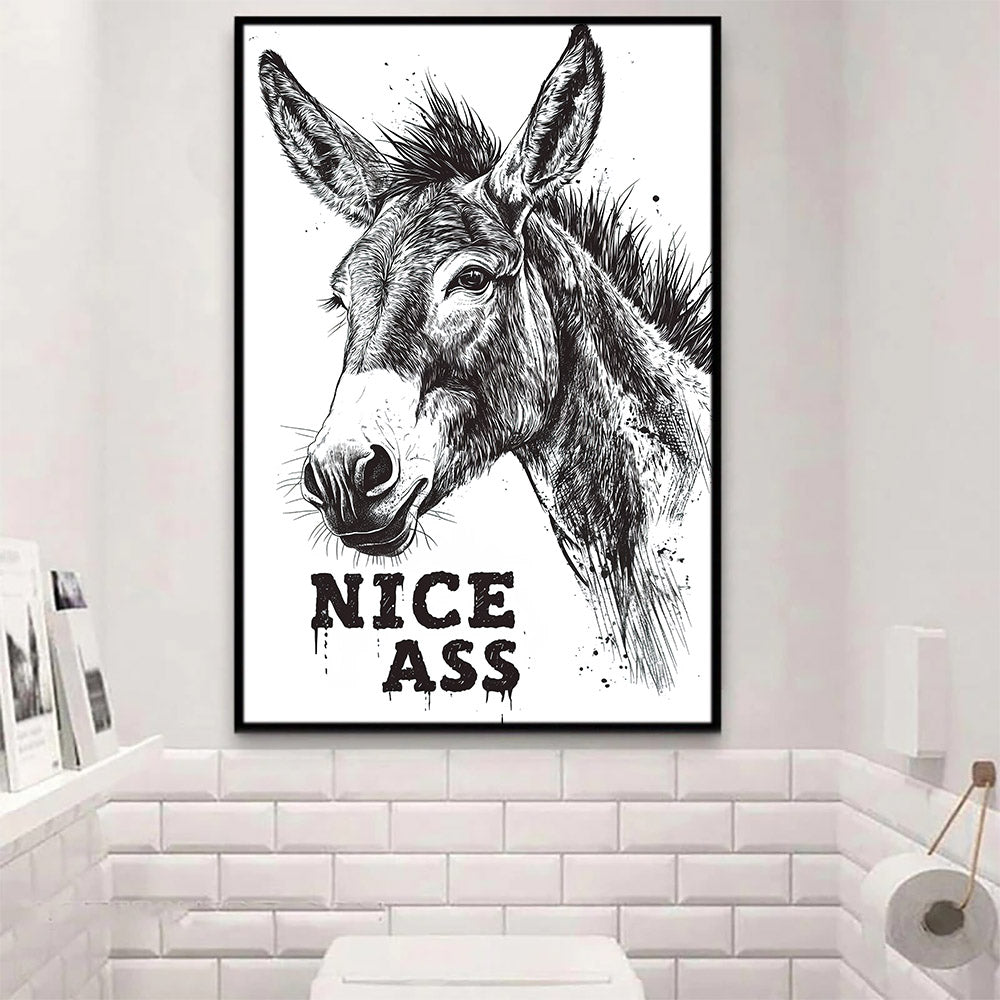 Funny Donkey Bathroom Canvas Painting, Nice Ass Wall Art Decor, Restroom Poster Gift For Donkey Lovers