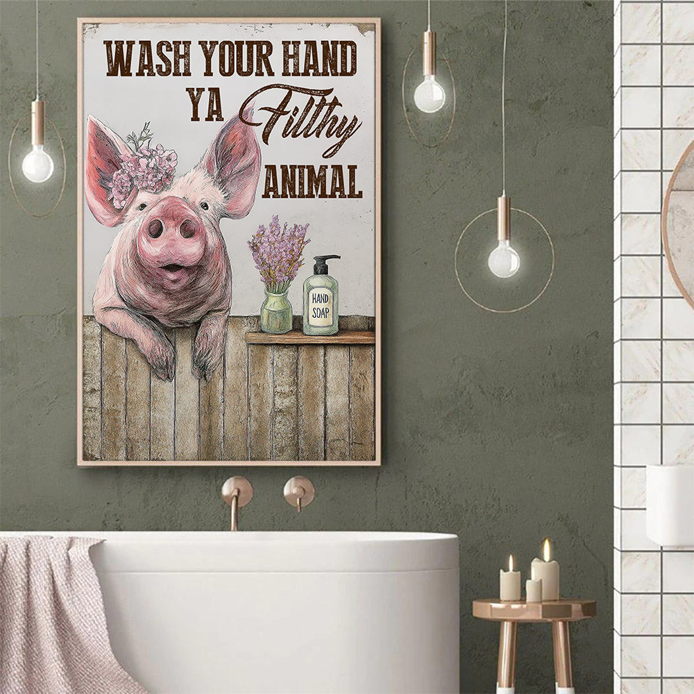 Funny Toilet Pig Canvas Painting, Wash Your Hand Ya Filthy Animal Bathroom Wall Art Decor, Xmas Restroom Poster Gift For Pig Lover