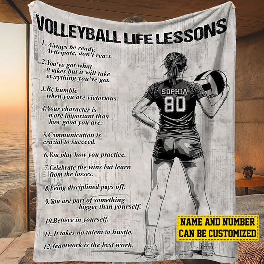 Personalized Motivational Volleyball Girl Life Lessons Fleece Blanket, Volleyball Woven Blanket, Cool Sherpa Blanket Gift For Volleyball Lovers