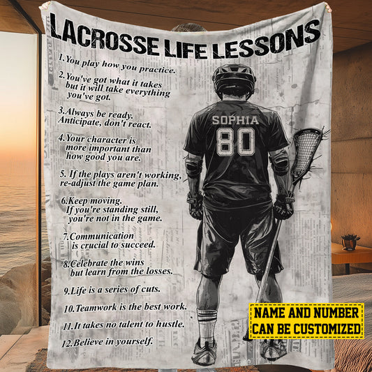 Personalized Motivational Lacrosse Boy Life Lessons Fleece Blanket, Lacrosse Woven Blanket, Cool Sherpa Blanket Gift For Lacrosse Lovers