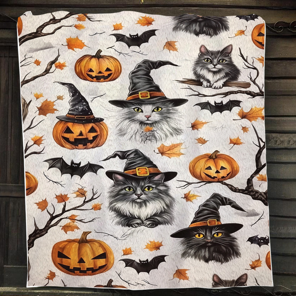 Halloween Witch Cat Fleece Blanket - Sherpa Blanket, Spooky Blanket Gift For Cat Lovers