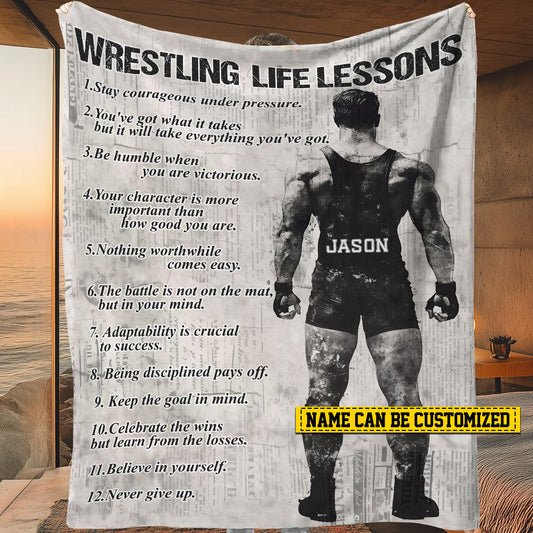 Personalized Wrestling Boy Life Lessons Fleece Blanket, Wrestling Woven Blanket, Cool Sherpa Blanket Gift For Wrestling Lovers