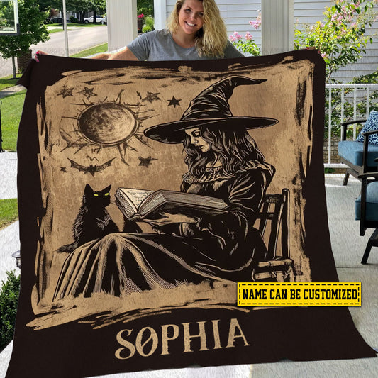 Personalized Halloween Witch And Cat, Witches Fleece Blanket - Sherpa Blanket, Spooky Blanket Gift For Book Lovers