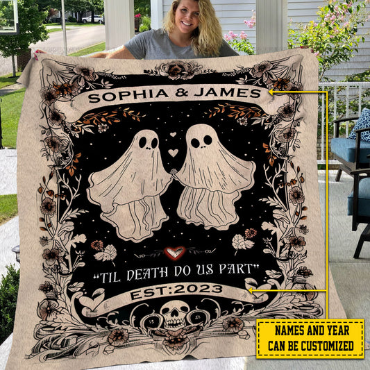 Personalized Halloween Couple Ghost Fleece Blanket - Sherpa Blanket, Spooky Blanket Gift For Ghost Lovers