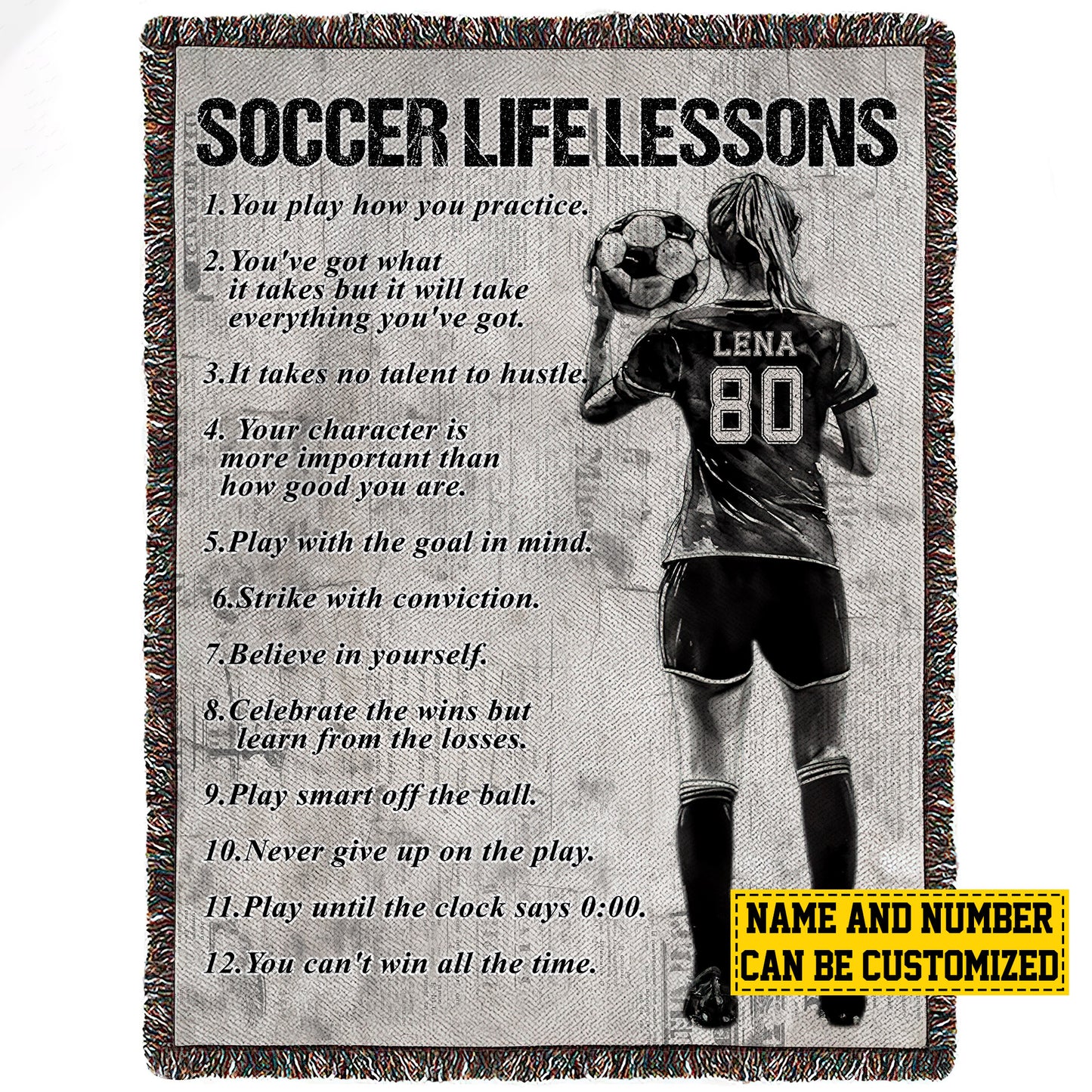 Personalized Motivational Soccer Girl Life Lessons Fleece Blanket, Soccer Woven Blanket, Cool Sherpa Blanket Gift For Soccer Lovers