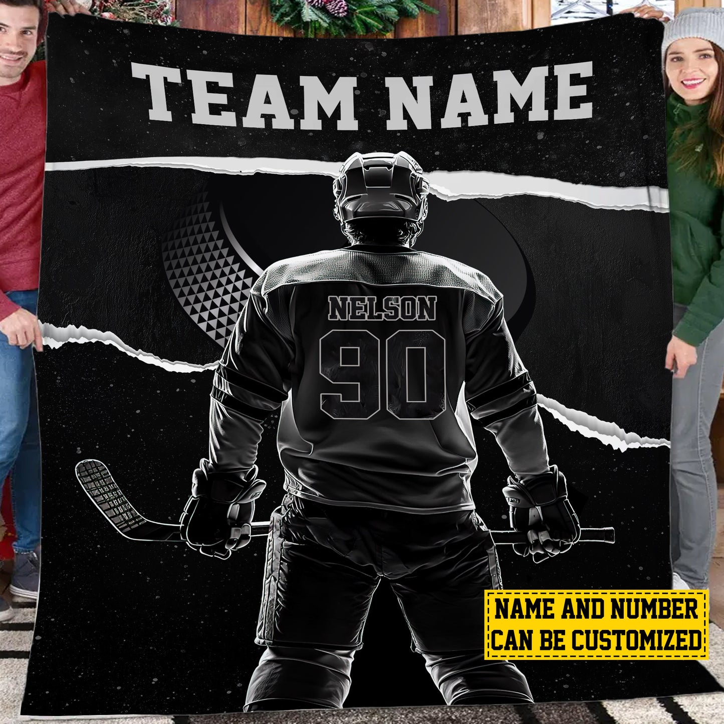 Personalized Hockey Boy Fleece Blanket, Hockey Woven Blanket, Cool Sherpa Blanket Gift For Hockey Lovers