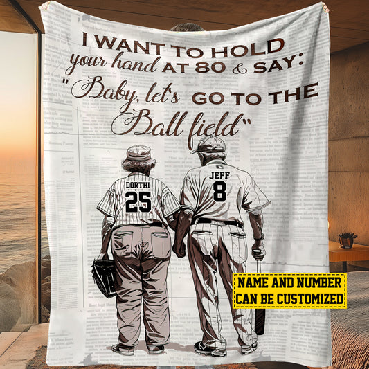 Personalized Motivational Couple Baseball Fleece Blanket, I Want To Hold Your Hand At 80 Woven Blanket, Cool Sherpa Blanket Gift For Baseball Lovers