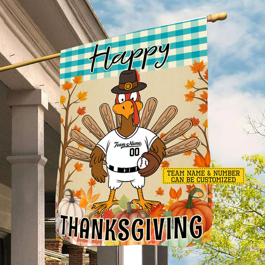 Personalized Thanksgiving Baseball Garden & House Flag, Happy Thanksgiving Thankful Turkey Outdoor Decor, Yard Decor Gift For Baseball Lovers