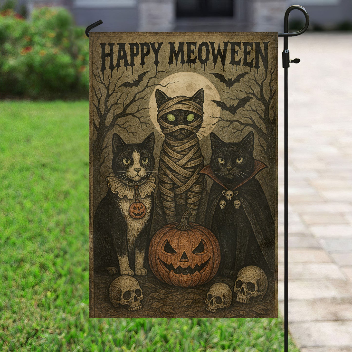 Halloween Cat Garden Flag House Flag, Happy Meoween Yard Flag Spooky Season Gift For Cat Lovers