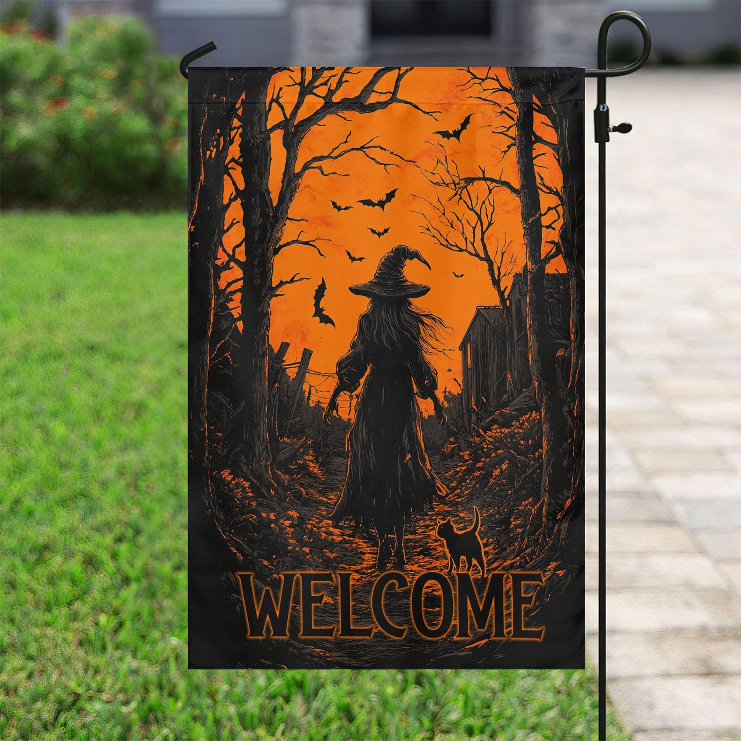 Halloween Witch Cat Garden Flag House Flag, Welcome Yard Flag Spooky Season Gift For Witch Lovers, Cat Lovers