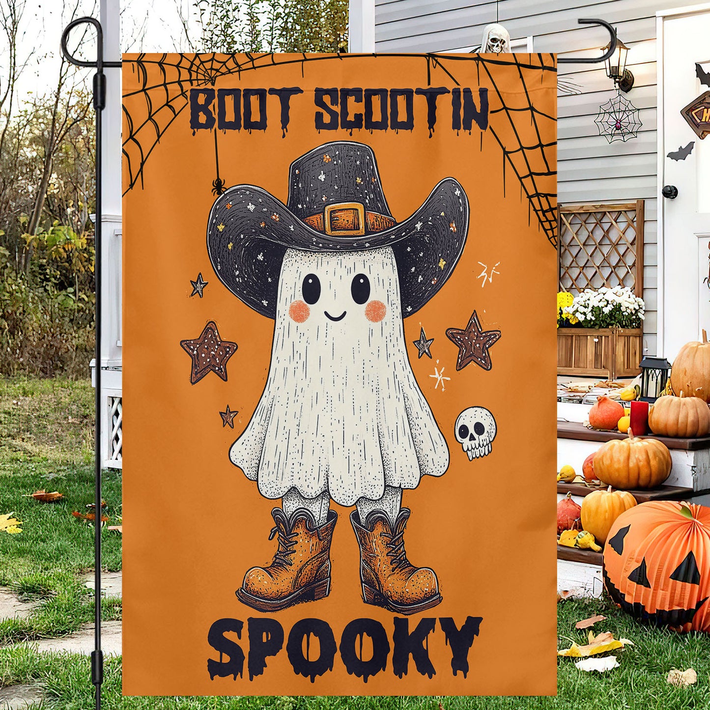 Halloween Boo Cowboy Garden Flag House Flag, Boot Scootin Spooky Yard Flag, Spooky Season Gift For Cowboy Lovers
