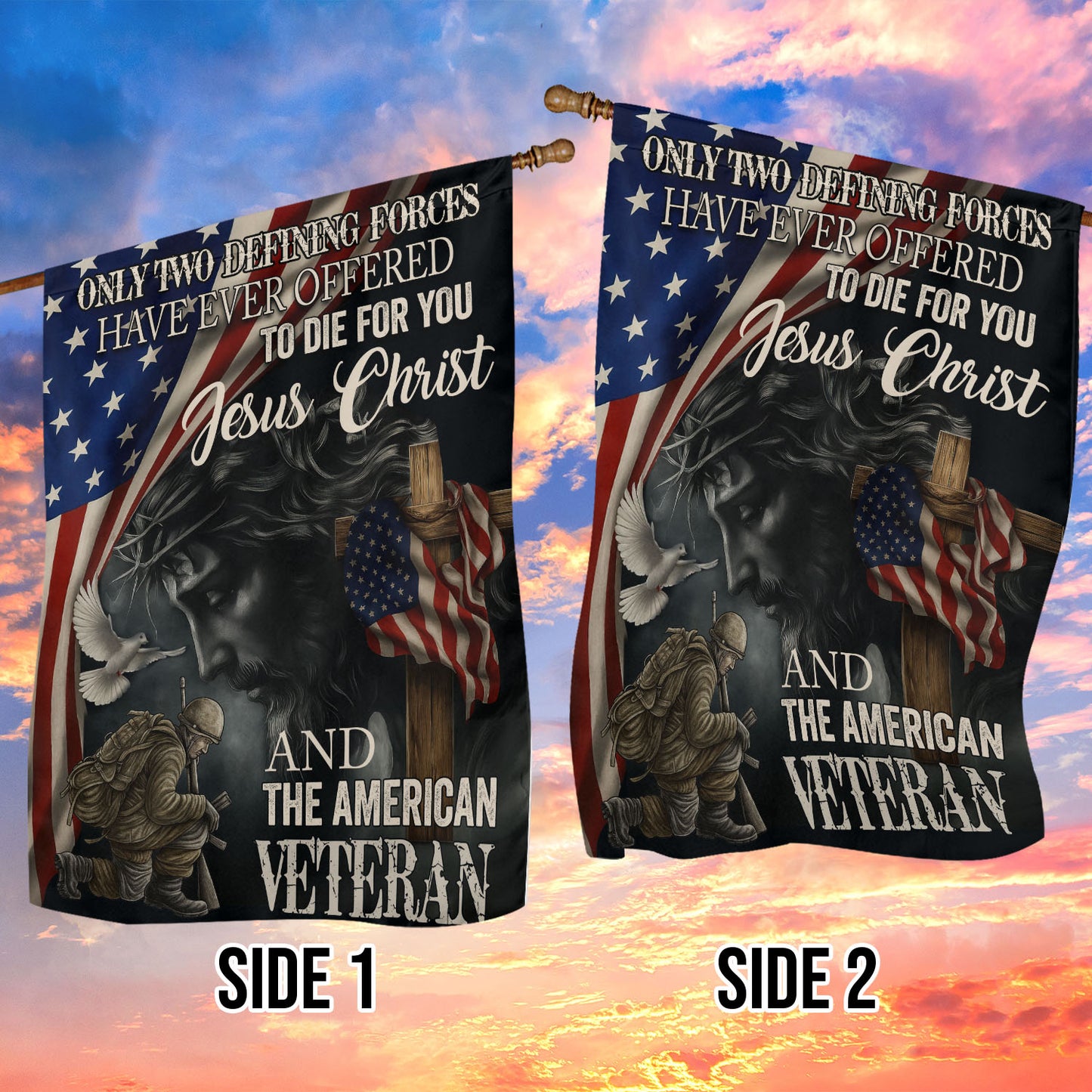 Veterans Day Jesus Garden & House Flag, Only Two Defining Forces USA Flag Gift For Veterans